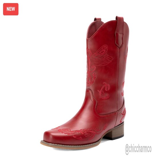 Women's Square Toe Cowboy Boots Mid Calf Western Pull On Chunky Heel - Picture 1 of 7